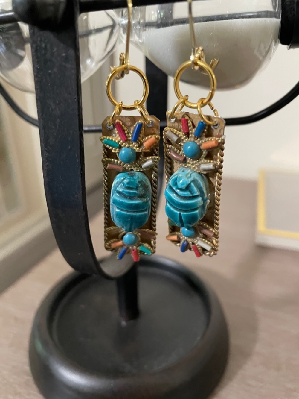 Artisan Turquoise and Gold Beaded Drop Earrings
